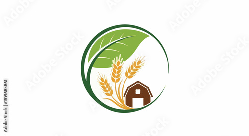 Green leaf, wheat stalks, and barn inside a circle