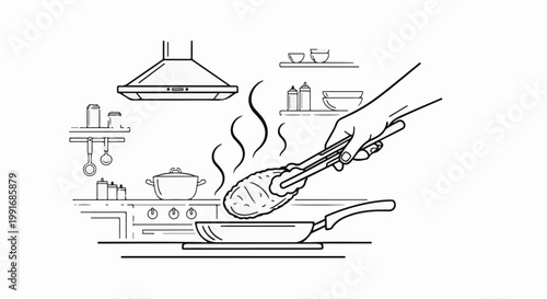 Hand cooking food in a pan above a stove with a range hood