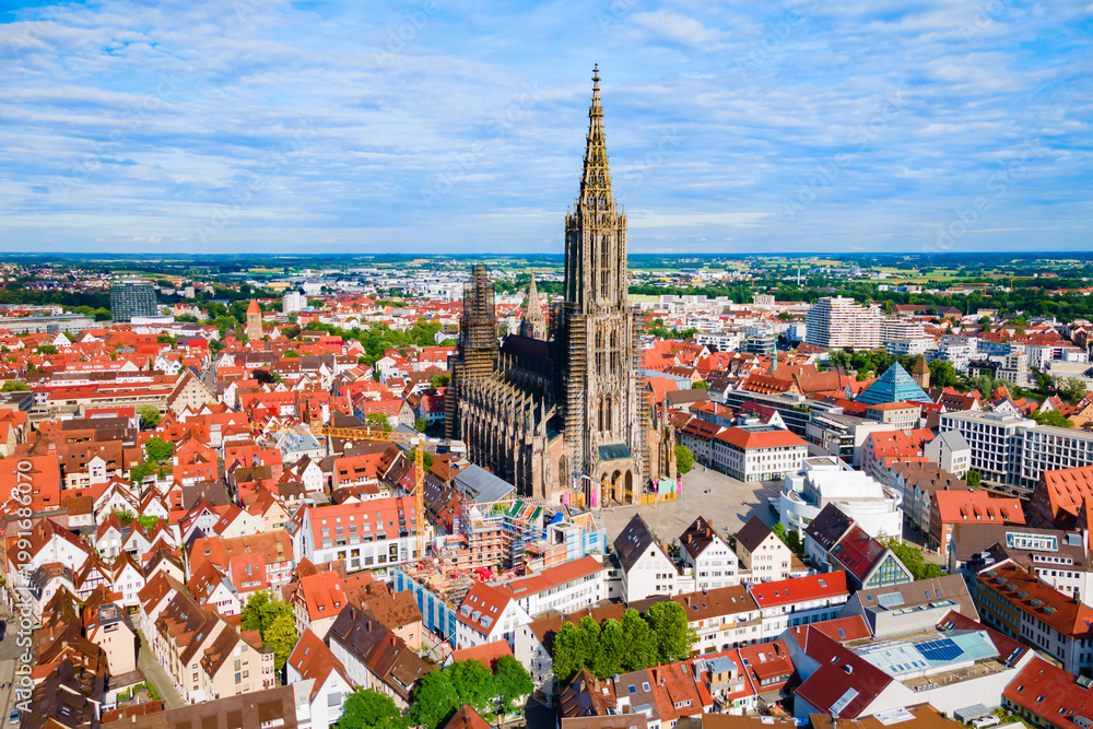 Obraz premium Ulm Minster Church aerial panoramic view, Germany