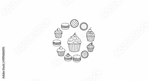 A circular arrangement of various illustrated sweet treats on a white background