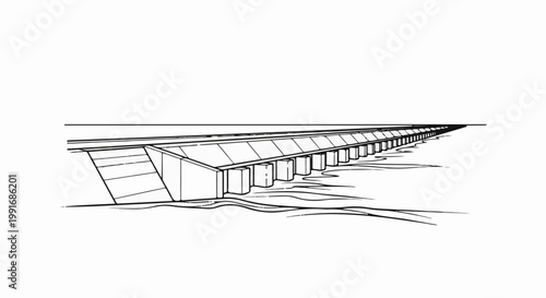 A linear perspective drawing of a long, multi-pillared bridge over water