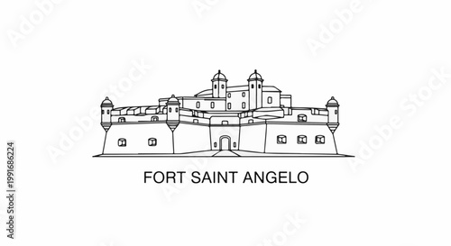Stylized line drawing of a large, ancient stone fortification with battlements and turrets