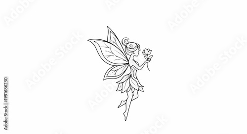Whimsical fairy with intricate wings holds a delicate flower in profile
