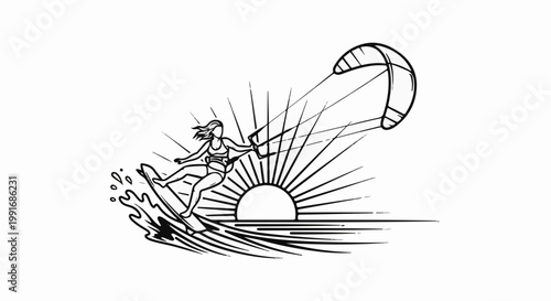 A person kitesurfs across the ocean with the sun rising behind them