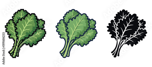 Pixel art kale trio: green, blue, monochrome variations
