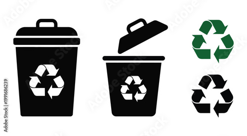 Vászonkép Recycling, hand placing waste into trash bin with recycle icon symbols, vector i