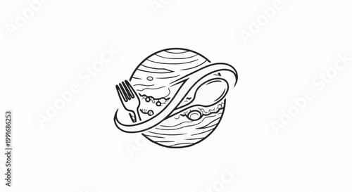 Stylized planet with fork and spoon, depicting a cosmic culinary theme