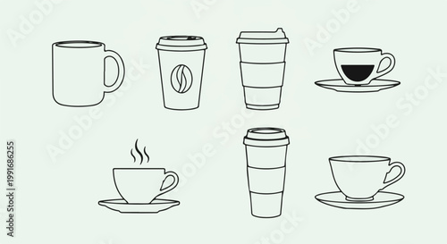Various coffee cups and mugs in a simple line art style