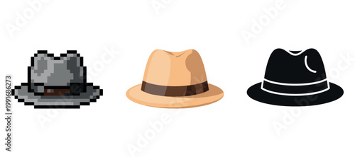 Three fedora hats: pixelated, tan with band, silhouette