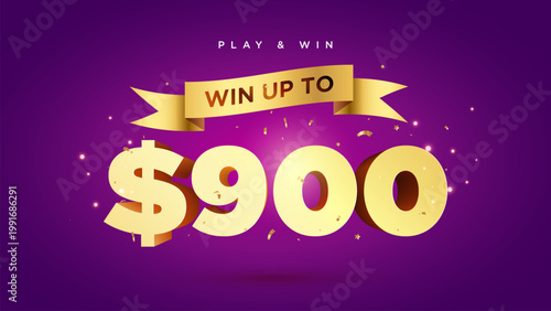 Play and win up to $900 dollars text with ribbon confetti and bold typography on purple background for marketing and advertising campaigns