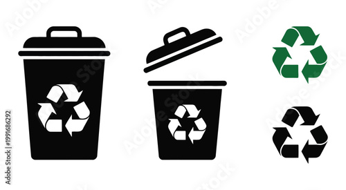 Recycling, concept hand dropping waste into a trash bin with recycle symbols, vector illustration, environmental sustainability, waste management, eco-friendly disposal, flat vector graphics for apps,