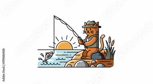 Cartoon cat wearing hat fishes by lake at sunrise with jumping fish
