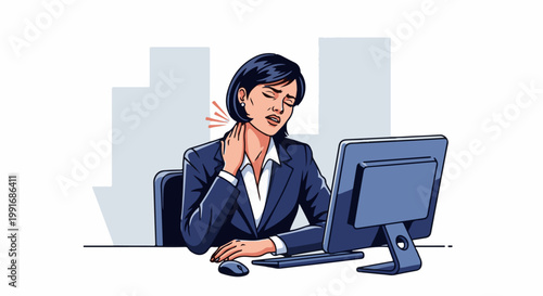 Woman in business suit at computer experiencing neck pain