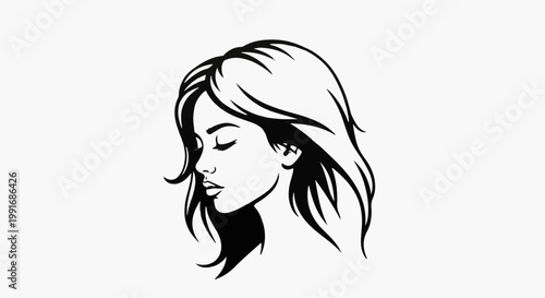 Stylized black and white portrait of a woman with flowing hair