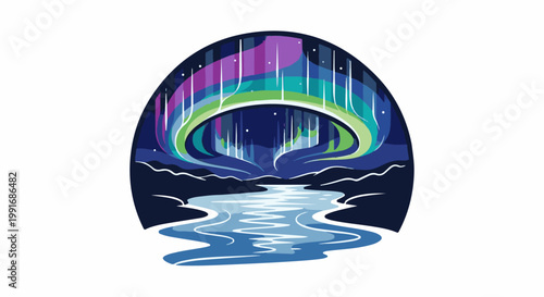 Vibrant aurora borealis arcs over a flowing river and dark, hilly landscape
