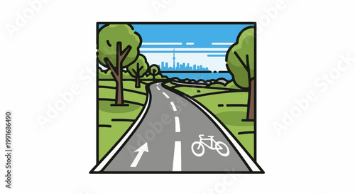 Scenic park road leads to city skyline, a cyclist's dream destination