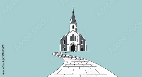 Stone path leads to a stylized church with a tall steeple