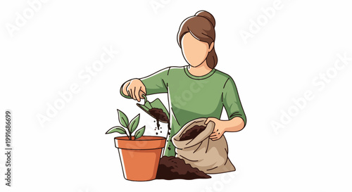 Person planting a small green plant in a terracotta pot with soil