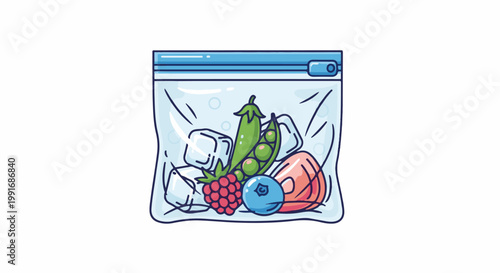 Ziploc bag with frozen berries, peas, and ice cubes
