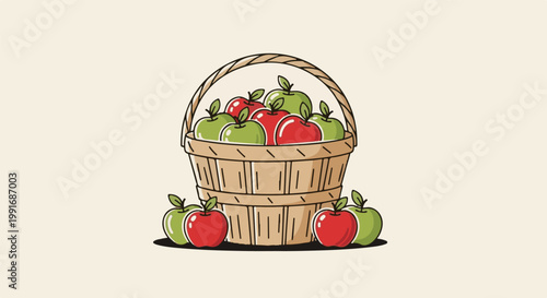 Woven basket filled with red and green apples, surrounded by more fruit