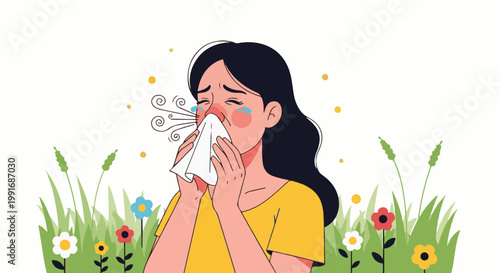 Woman with allergies sneezing in a field of flowers and grass