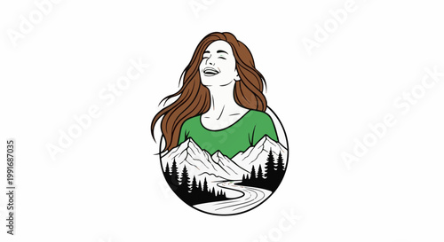 Woman with long hair in green shirt above mountain landscape