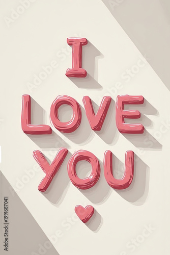 I Love You glossy pink 3D lettering with heart on minimalist light background, romantic typography illustration with soft shadows, valentine message design