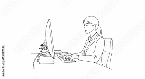 Woman in business attire types on computer keyboard at desk