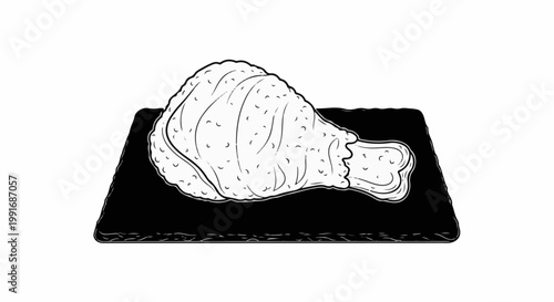 Stylized drawing of a single fried chicken drumstick on a dark rectangular plate