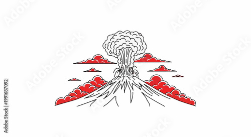 Volcano erupting with stylized red clouds and smoke plume