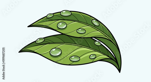 Two green leaves with dew drops