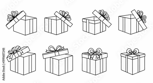 Various gift boxes with bows, some open, some closed, in outline