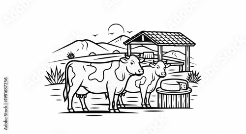 Two cows stand by a shelter with cheese and rolling hills in background
