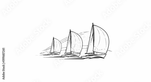 Three sailboats with billowing sails race across a wavy expanse