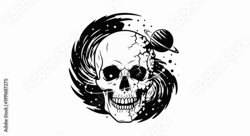 A black and white graphic illustration of a skull with cosmic elements
