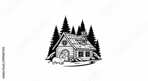 A cartoon dog sits beside a cozy cabin nestled among pine trees