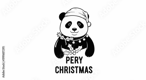A cartoon panda wears a Santa hat and festive garland, wishing 