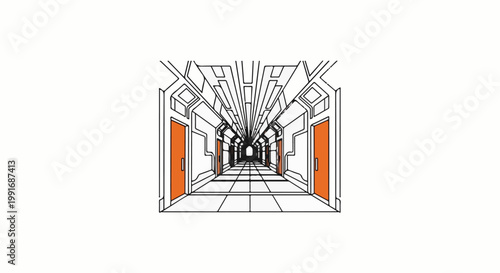 Sci-fi corridor with repeating doors and perspective lines leading into darkness
