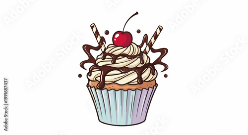 A detailed illustration of a frosted cupcake with cherry and chocolate drizzle