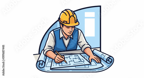 A focused person in a hard hat examines building plans on a desk
