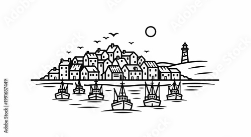 Stylized black and white line art depicts a coastal village with boats at sea