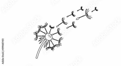 Stylized black and white illustration of a dandelion dispersing seeds