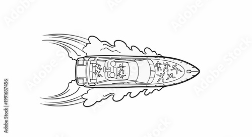 A high-speed motorboat speeds through choppy water, carrying several passengers