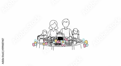 A family enjoys a festive, colorful Easter brunch with pancakes, fruits, and eggs