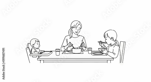 A mother and two children are enjoying a meal together at a table