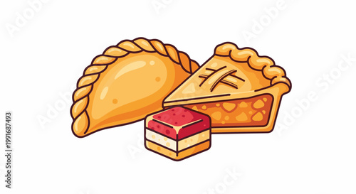 A pastry, a pie slice, and a layered dessert sit together