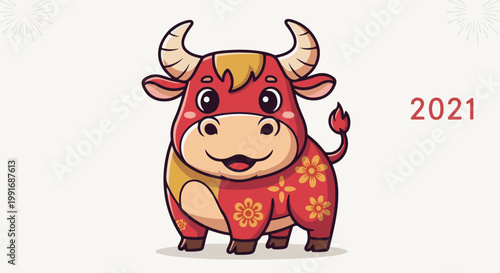 Adorable red cartoon ox adorned with golden flowers, celebrating the new year