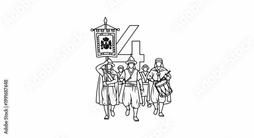 Procession of figures in historical attire, carrying a banner and drum