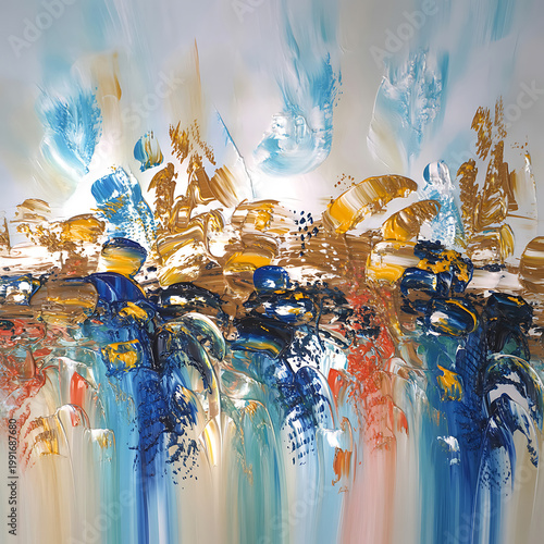 Vibrant abstract painting with blue, gold, and white hues on a textured background with expressive brushstrokes and colorful splatters