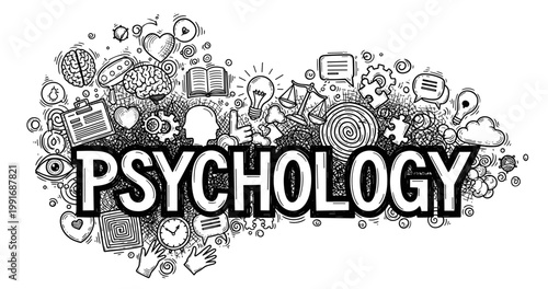 Doodle art of psychology concepts including brain, mind, and learning symbols